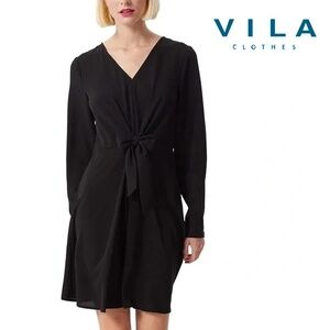 Vila Clothes Black Dress Fit & Flare Long Sleeve Bow Tie and Button Skirt Plunge